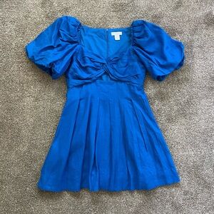 House of Harlow 1960 - Aje Twist Front Key Hole Linen Blend Dress / Puff Sleeve